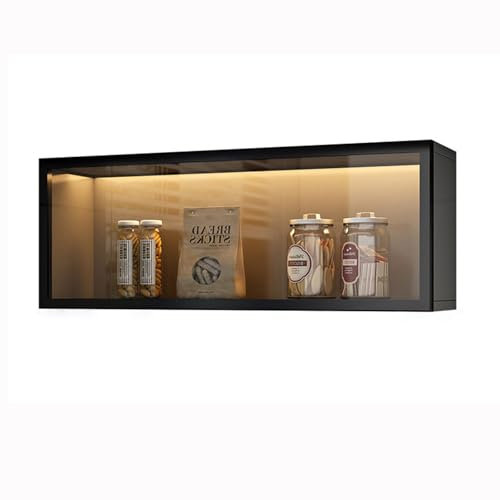 Glasvitrine zur Wandmontage, mit Lichtern, bohrfreie Installation, Aufbewahrungsregale für Küche und Bad, stilvoller hängender Speisekammerschrank, Grau/Weiß (60 x 1)