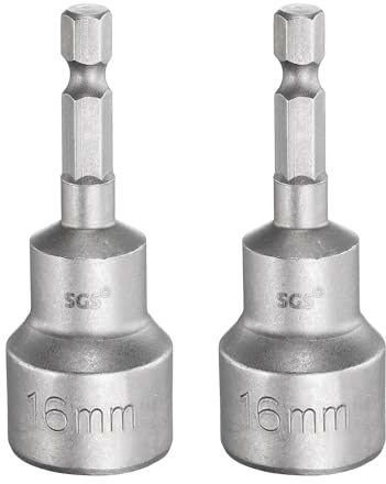 sourcing map Lot de 2 forets pour tourne-écrous 16 mm, tige hexagonale de 65 mm, douilles magnétiques à 6 points à changement rapide en acier CR-V pour perceuses électriques