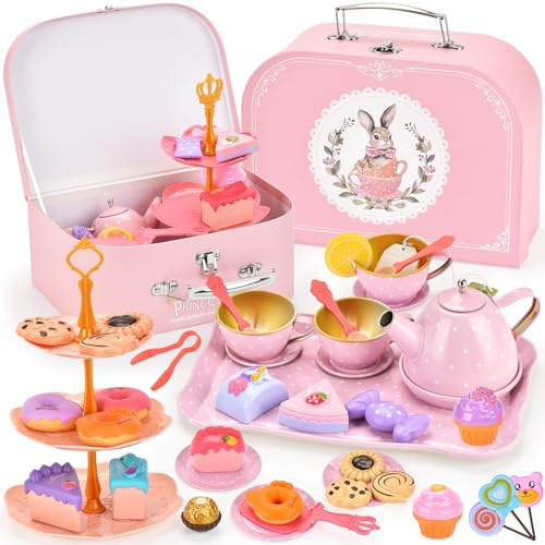 ZUSUZU Service à Thé pour Enfants,46 PCS Service à Thé Jouets avec Jouets à Dessert,Étui de Transport Lapin et Stand de Dessert,Jeu de Simulation pour Filles,Tea Party Jeux de Rôle pour Fille 3+ Ans