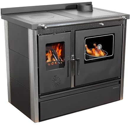 Kaminofen mit Backfach und Herdplatte 4050 Lotus Inox Schwarz Holzofen 11 kW Holz Ofen Mehrfachbelegung Kamin Heizofen Küchenherd