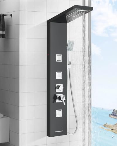 Columna de Ducha Hidromasaje Negra, Columna de Ducha Hidromasaje Multifuncional con LED, Sistema de Ducha de Acero Inoxidable para el Baño.