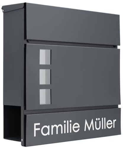 Designer Briefkasten Anthrazit mit Sichtfenster – Personalisierbar mit Gravur, Familienname oder Wunschtext – Modern & langlebig Einzug, Haus, Neubau oder Garten – 37x36,5 cm