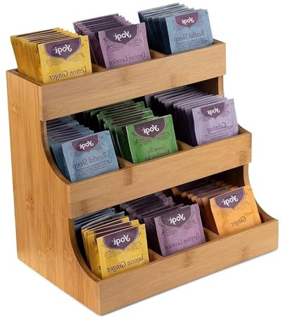 3 Tier Vertical Tea Bag Organiser Wooden Teabags Holder Storage Box Rack Kitchen Table Countertop Coffee Sugar Packets Storage Caddy for Home Office or Café