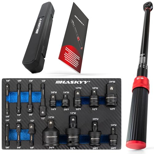 HASKYY Set di chiavi dinamometriche da 1/2 65-350 Nm con adattatore, set di chiavi a percussione giunto incrociato per bussole a bussola 1/4 3/8 1/2 3/4 17 pezzi