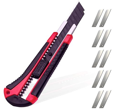 Cutter professionnel rétractable 18 mm avec 10 lames de rechange - idéal pour bricolage et découpe précise - Système de blocage sécurité, pour l'artisanat d'art à domicile de bureau