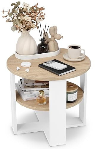 defiPad Tavolino da salotto rotondo Ø53 cm – elemento laterale da divano con ripiano, 2 livelli, arredo soggiorno moderno, bianco e rovere Sonoma, design industriale, prodotto in UE