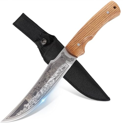 Couteau Outdoor 27cm – Lame Courbe Ascendante avec Bossage Dos et Gravure Aigle Chassant, Construction Monobloc Robuste, Poignée en Bois de Hêtre Clair avec Rivets, Compagnon Élégant pour la Nature
