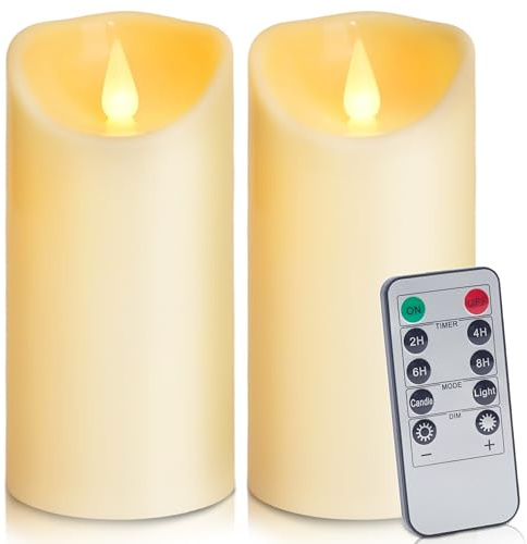 Auralome Led Kerzen mit Timerfunktion - Elektrische Stumpenkerzen Groß D7.5 cm Flackernde Fernbedienung Flammenlose LED Candles Draußen Batterie Candles Outdoor Künstliche Flamme Kerze 2 Stück