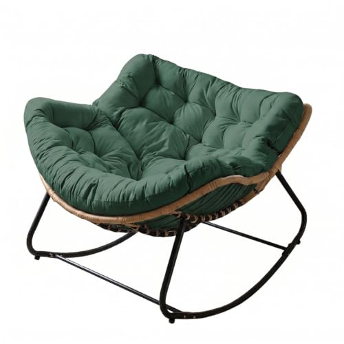 ANTEK TRADE Boho Schaukelstuhl für Garten & Balkon mit Kissen – Rattan Relaxsessel & Lounge Rocker mit stabilem Metallgestell (Grün)