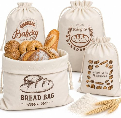 4 Pack Bread Bags for Homemade Bread - 45cm x 35cm | Plastic Lined - Keep Bread Fresh - Eco Reusable Linen Bread Bag Bread Storage Bags