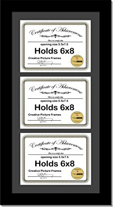 Creative Picture Frames 10X20Bk-B Black Vertical 6X8 Triple Diploma Frame With 3 Opening Black Matting | Holds 3 6X8 Inch Documents With Installed Wall Hanger