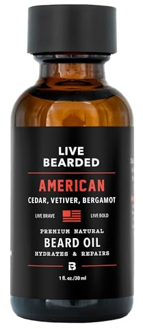 Live Bearded Beard Oil, 1 fl oz - Premium All-Natural Jojoba - Made in the USA - Hair and Skin Care for Men with Dry, Flaky Patches | American Scent - Cedar, Vetiver, Bergamot