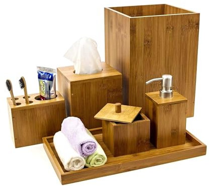 Bamboo Toilet Bathroom Accessory 6pc piece Set Soap Dispenser Soap Dish Toothbrush Holder Tray Toilet Bin Tray Toilet Set Compact Bath Set Natural Colour