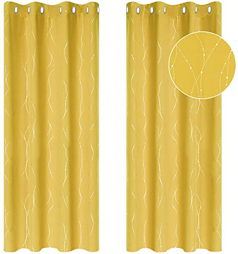 Deconovo Verdunkelungsvorhänge mit Ösen Thermo Thermogardine Hitzeschutz Dicke Kälteschutz, Blickdichte Gardinen, Kinderzimmer Gardinen für Mädchen, 160x132 cm(HöhexBreite), Senfgelb, 2er Set