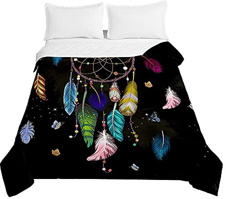 Surwin Tagesdecke Bettüberwurf Steppdecke für Doppelbett Einzelbett, Mikrofaser Wattiert Gesteppt Bettdecke 3D Traumfänger Dünne Tagesdecken mit Ultraschall Prägung (Farbige Federn,230x260cm)