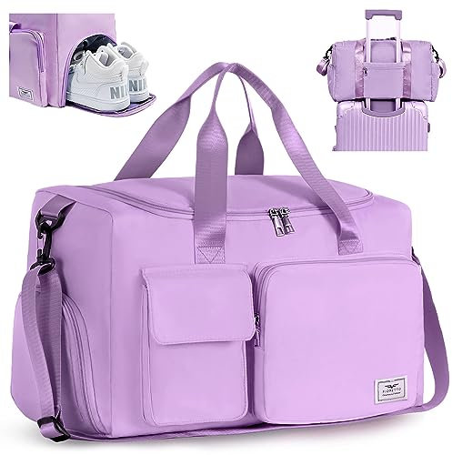 FIORETTO 35L Damen Sporttasche Faltbare Reisetasche mit Schuhfach und Nassfach, Wasserabweisende Weekender Gym Travel Bag Handgepäck Tasche Trainingstasche für Damen Herren Lila