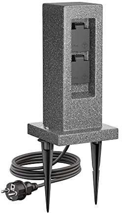 ledscom.de Garten Colonne de Prises Pock avec Piquet de Terre et 2m de câble pour l'extérieur, IP44, 2X, Anthracite (Aspect Pierre), carré, 30cm