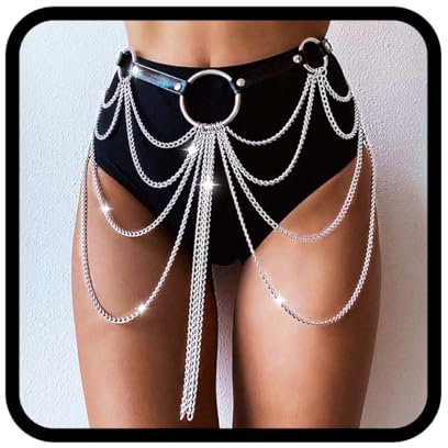 Flovel Taillengürtel Damen Gürtel Kette Hüftgürtel Mehrschichtige Gothic Leder Körperketten Geschichtete Bauchketten Rave Körperkette Schmuck
