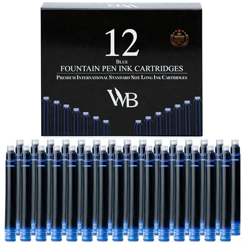 Wordsworth & Black 12 Pack Fountain Pen Ink Refills - Set of 12 Blue Ink Cartridges - International Standard Size - Length APPR 2.3 - Base Diameter APPR 0.24 - Disposable and Generic