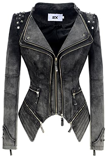 FYL FUYUAN Klassische Jeansjacke für Damen, Persönlichkeit, Nieten, Punk, Motorrad, Schwalbenschwanzjacke