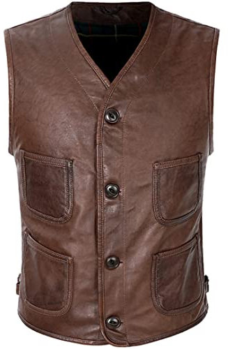 Herren Echtleder Weste Vintage Braun Slim Fit Weste 100% Schaffell Kragenlose Ärmellose Echtlederjacken Auburn XL