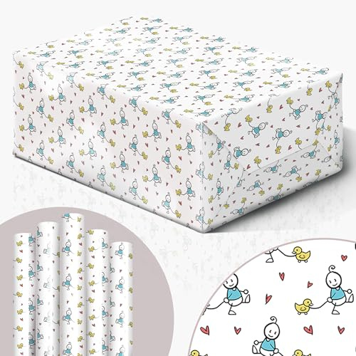 Geschenkpapier Baby Junge Mädchen Geburt - mint neutral Strichmännchen – Rolle 5 Bogen 42x119cm 30x Kleber für Taufe Kind Geburtstag Babyparty