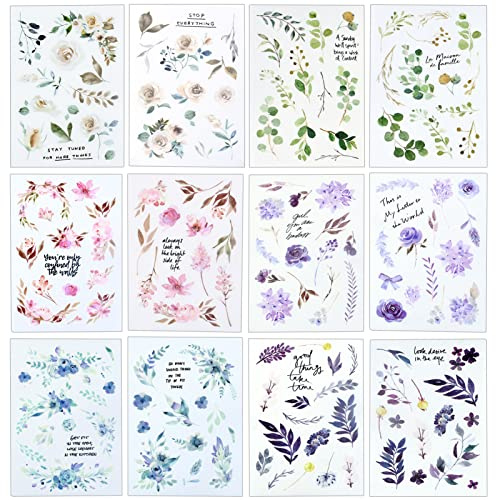 12 Blätter Sticker Transferaufkleber Sammelalbum Aufkleber Pflanzen Blumen Grün Blatt sticker Fotoalbum Stickerbögen für Scrapbooking Tagebuch Bullet Journals DIY Arts Crafts ästhetische Dekoration