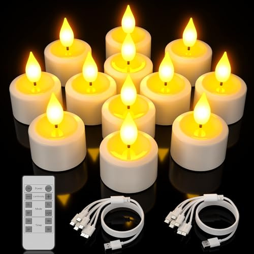 Yme 12er Set LED Teelichter Wiederaufladbar mit Timer, Elektrische LED Kerzen Aufladbar Flackernd Dimmbar mit Fernbedienung und USB-C Ladekabel für Zuhause Zimmer Halloween Weihnachten Party Deko
