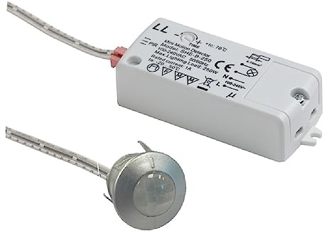 Silver Round Fascia PIR Sensor Switch | Head Diameter 24.3mm | 240 Volts | 250W Max Load | Adjustable Time Delay | 2.5M Range | 1.5M Cable