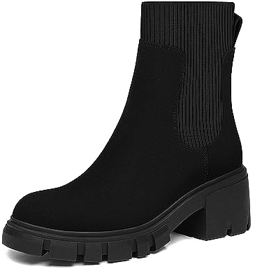 Athlefit Women's Black Chelsea Boots Fall Platform Ankle Boots Slip on Chunky Lug Sole Boots