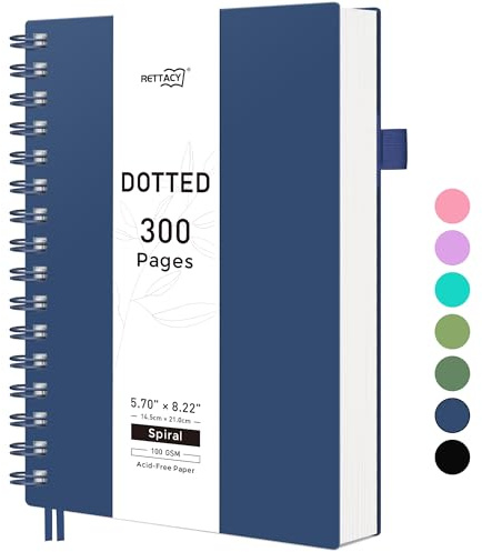 RETTACY Notizbuch A5 Dotted, 180°flach, 300 Seiten – Marineblau | Bullet Journal, Softcover, 100g&m² Papier kein Durchschlagen, kein Ausbluten, Stiftschlaufe für Projektplanung & Büro