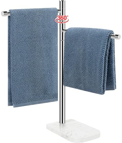 BathAce Hand Towel Holder, F-Shape Hand Towel Stand with Marble Base, Stainless Steel Swivel Hand Towel Rack Bar Standing for Bathroom Kitchen Countertop, 2 Arms (Chrome Finish)