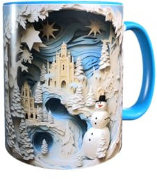 Druck-66 Weihnachtstasse Schneemann Holz Deko 3D Keramik Tasse Rund