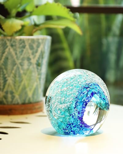 Mundgeblasene Glaskugel Ozeanwellen, Briefbeschwerer, Meeresglas-Kunst, Kristall-Sammelstück, Heimdekoration, Geschenk, Bürodekoration