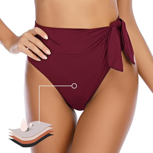 JFAN Bikinitrosor för kvinnor med hög midja justerbara Ruched Bikini Trosor Elegant Baddräkt Platt Mage Shorts Surf, Bourgogne, M