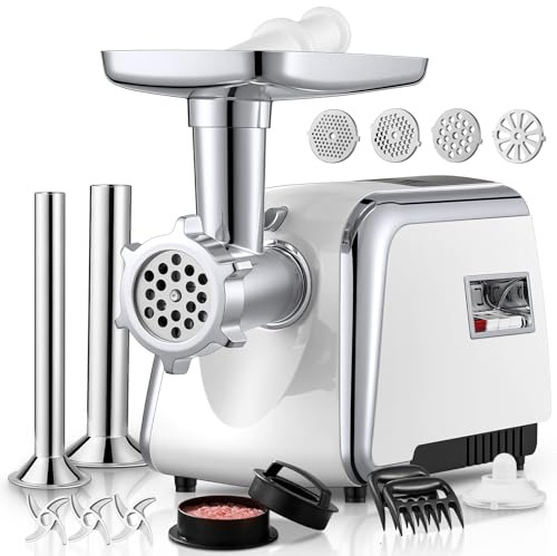 Meat Grinder Heavy Duty, 3000W MAX, 5 in1 Meat Grinder for Home with Stainless Steel Sausage Stuffer Tubes(2 Sizes), Kubbe Maker & Burger/Slider Maker, Storage Box