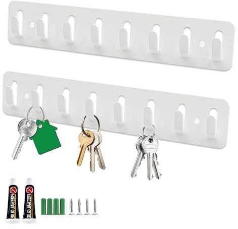Galerie SV 2 Stück Schlüsselbrett mit 8 Haken,Schlüsselhaken, Schlüsselhalter für Wand, Key Holder Schwarz,Wandmontage für Schlafzimmer,Eingangsbereich,Wohnzimmer,Küche (Weiß-8G)