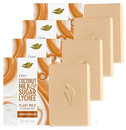 Dove Plant Milk Cleansing Bar Soap Coconut Milk & Sugar Lychee Smooth Revitalizer 4 Count for Moisturized Skin Gentle Cleanser, No Sulfate Cleansers or Parabens, 98% Biodegradable Formula 5 oz