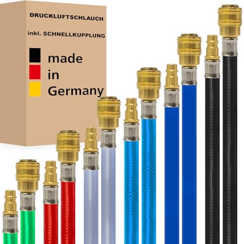 Druckluftschlauch inkl. Schnellkupplung (1/4) Druckschlauch Luftschlauch Gewebeschlauch Kompressorschlauch - Made in Germany (9 x 14 mm - 5 m, Grün - Transparent)