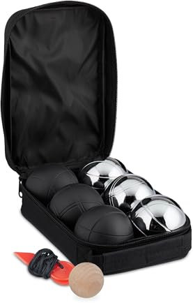 Relaxdays Boule Kugeln, 6 Metall-Kugeln, Set mit Zielkugel & Abstandsmesser, Tragetasche, Boccia Spiel, schwarz/Silber