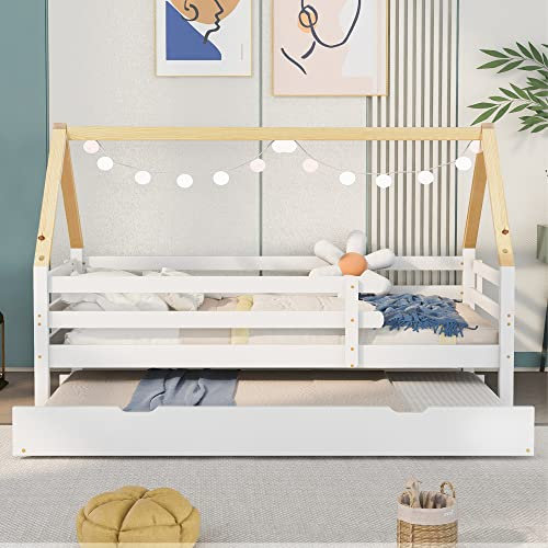 HYSZ Baumhausbett, Tagesbett, Einzelbett, Kinderbett, Ausziehbett, Schiebebett mit Rollen unten, Massivholz, weißes(90x200 & 90x190CM)