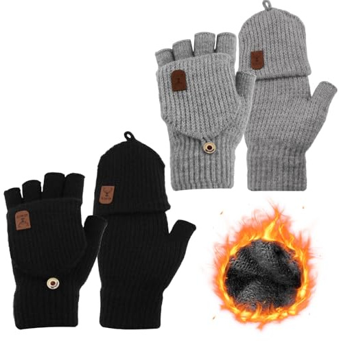 2 Paires Gants Sans Doigts avec Couvercle Rabattable, Mitaine Hiver Tricoté Chaud Moufles Thermiques à Écran Tactile pour Femmes et Hommes Cyclisme Ski Randonnée