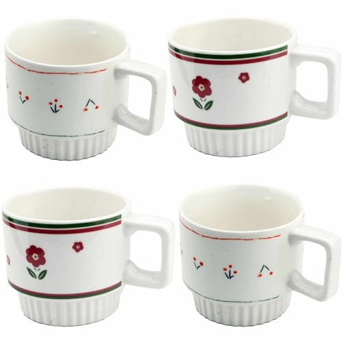 myGrtfam Set di 4 tazzine da caffè impilabili in porcellana, per cappuccino e latte, 360 ml, motivo floreale rosso