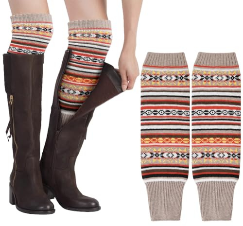 AUYAO Winter Stulpen Damen Winter Beinstulpen Retro Gestrickte Beinwärmer Stricken Häkelarbeit Lange Leg Warmers Herbst Legwarmers Mädchen Knöchelwärmer Stiefel Boot Abdeckung Winterwärmer (Khaki)