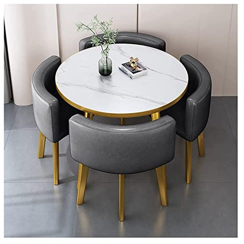 Modernes rundes Konferenztisch-Set für 4 Personen mit Schreibtisch und Stühlen, moderne Hotellobby-Esszimmermöbel in dunkelgrauer Farbe