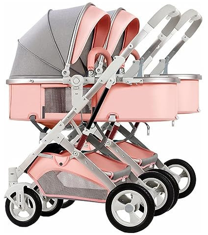 WIGSELBL Passeggino doppio side-by-side, passeggino gemellare, carrozzina gemellare, rimovibile con 2 carrozzine singole per neonati con telaio in alluminio e cestino portaoggetti (rosa)