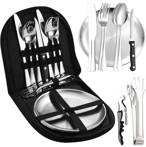 GOMETY Besteck Set: 10-Teiliges Edelstahl Campinggeschirr, Robust Für Outdoor, Camping & Picknick (Silber/Schwarze Tasche)