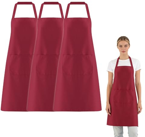 FUIPVGI 3 Pezzi Cuoco Grembiules Unisex Grembiule da Barbecue, Grembiule Pittura, Grembiules Cucina con 2 Tasche per Cucinare, Barbecue, Caffetteria, Ristorante, Cucina (Vino Rosso)