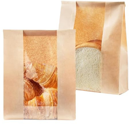 100 bolsas de pan con calcomanías de sellado, bolsas de pan para caseras, bolsas grandes de papel kraft para sándwich, bolsa de tostada a prueba de grasa para tostadora con parte delantera