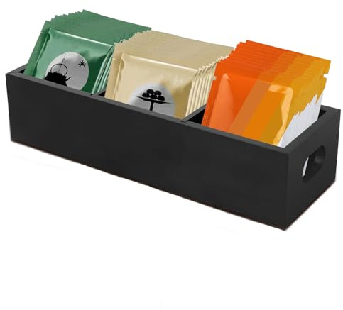 KTCINA Tea Bag Holder 3 Compartments Tea Bag Organizer Wooden Tea Bag Storage Container with 2 Removable Dividers Tea Bag Box Tea Box Organiser for Countertop Tea Bags Sugar Coffee Pods(Black)